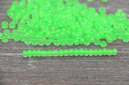 Matte Glass Beads with Green Lined, 4mm 6/0 Glass Round Beads, Frosted Green Lined Seed Beads, Rocailles Beads, Beading Supplies #2094