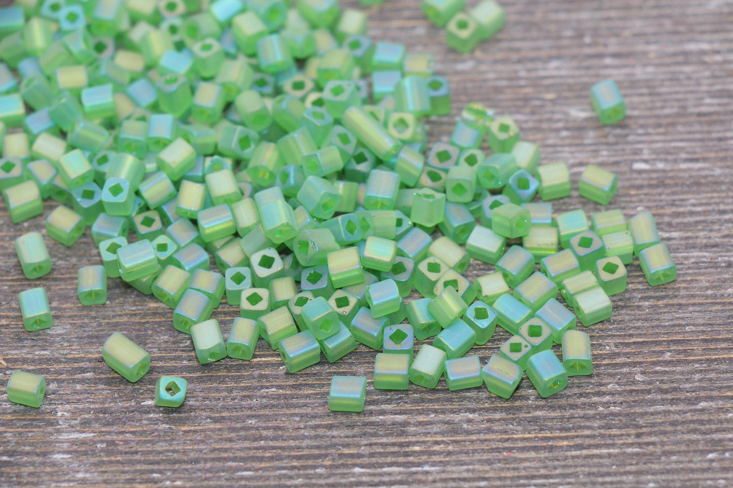 Matte Square Glass Seed Beads, 4mm Cube Glass Beads, Frosted Green AB Square Seed Beads, Iridescent Glass Beads, Beading Supplies #2097