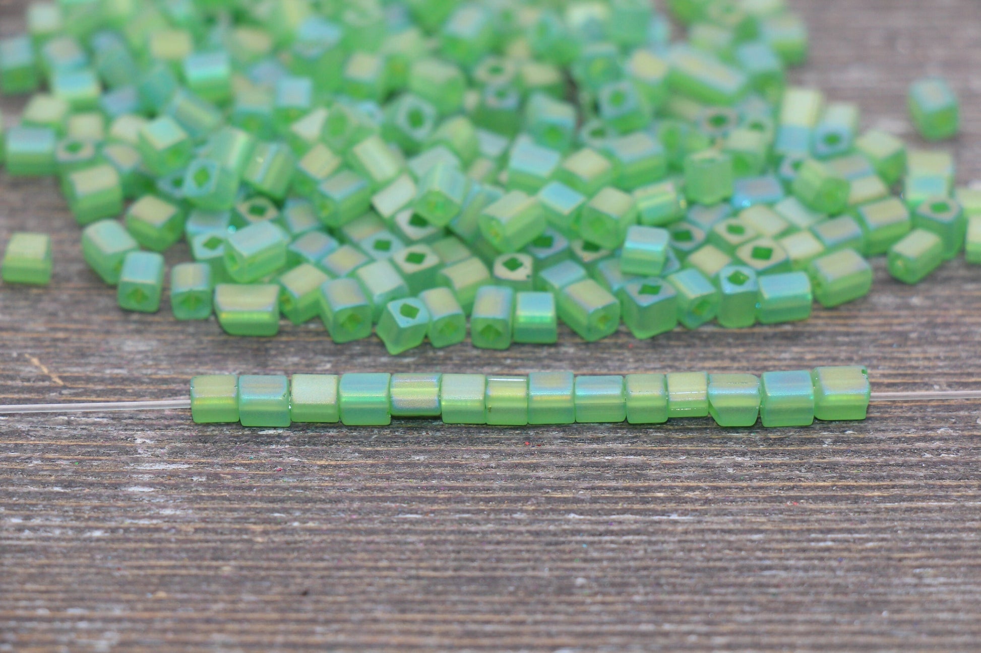 Matte Square Glass Seed Beads, 4mm Cube Glass Beads, Frosted Green AB Square Seed Beads, Iridescent Glass Beads, Beading Supplies #2097