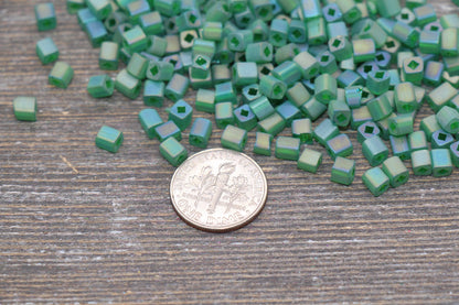 Matte Square Glass Seed Beads, 4mm Cube Glass Beads, Frosted Green AB Square Seed Beads, Iridescent Glass Beads, Beading Supplies #2099