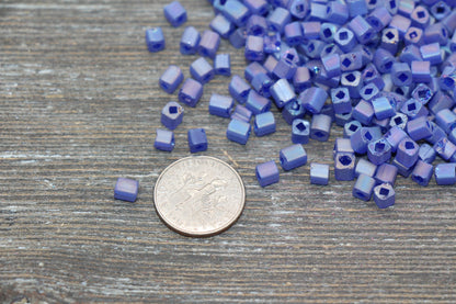 Matte Square Glass Seed Beads, 4mm Cube Glass Beads, Frosted Blue AB Square Seed Beads, Iridescent Glass Beads, Beading Supplies #2100