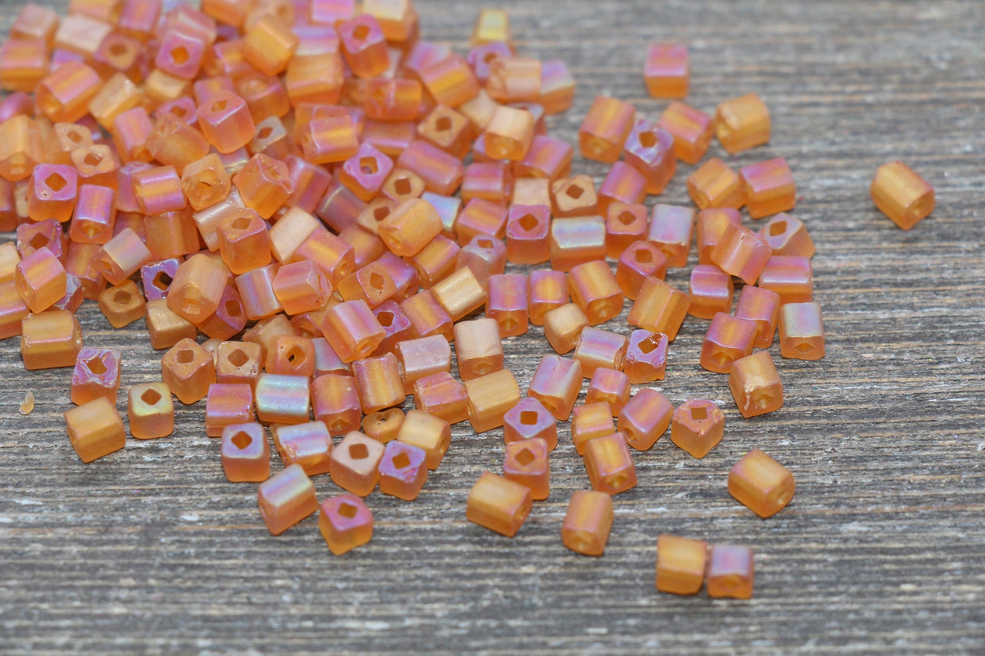 Matte Square Glass Seed Beads, 4mm Cube Glass Beads, Frosted Orange AB Square Seed Beads, Iridescent Glass Beads, Beading Supplies #2102