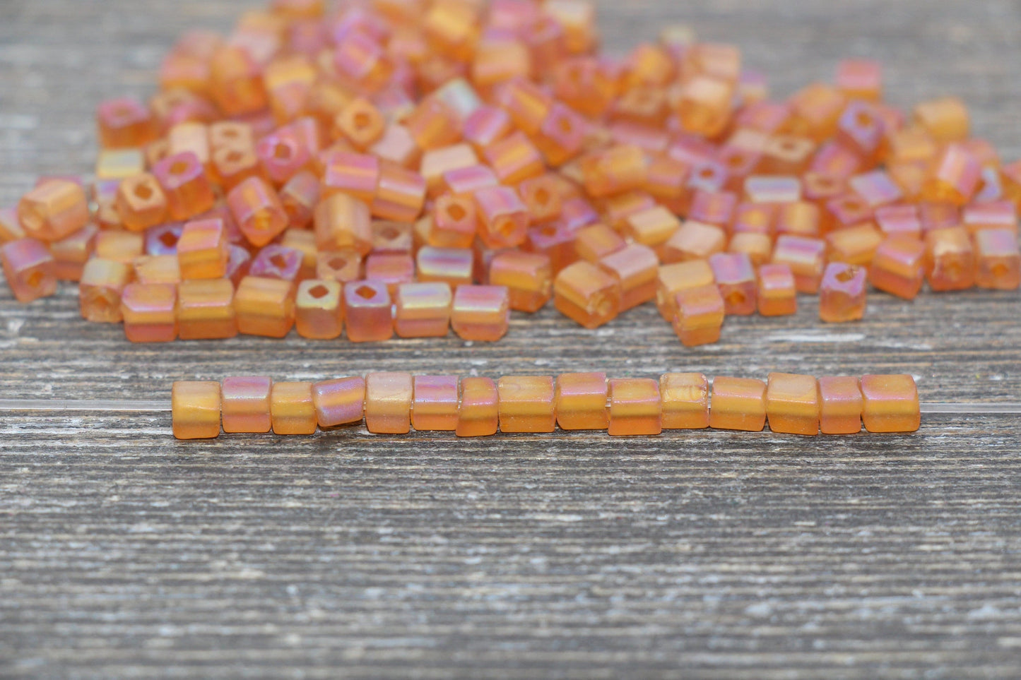 Matte Square Glass Seed Beads, 4mm Cube Glass Beads, Frosted Orange AB Square Seed Beads, Iridescent Glass Beads, Beading Supplies #2102