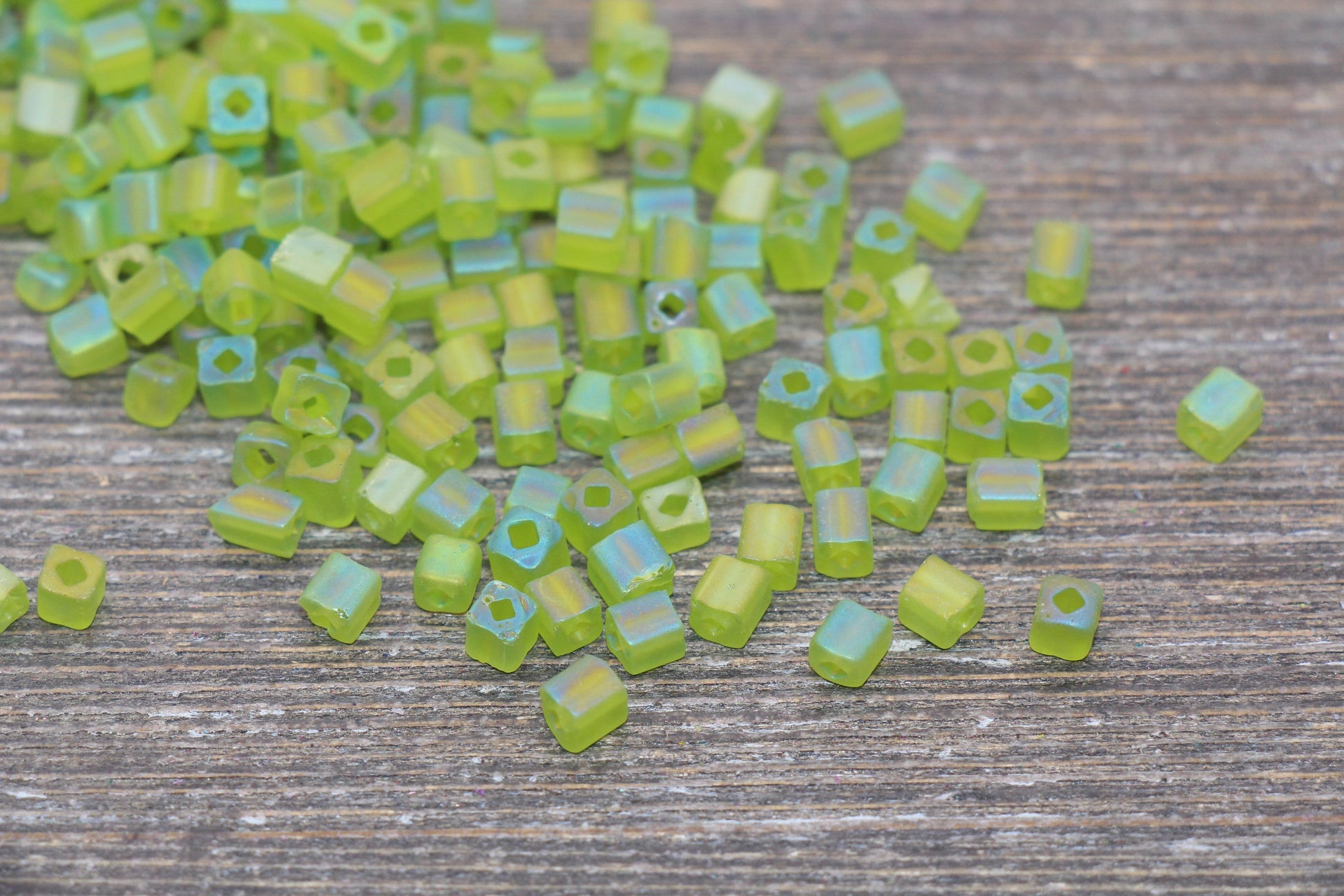 Matte Square Glass Seed Beads, 4mm Cube Glass Beads, Frosted Green AB Square Seed Beads, Iridescent Glass Beads, Beading Supplies #2104