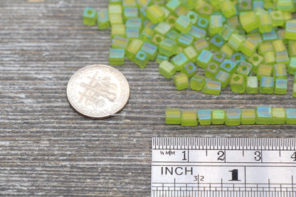 Matte Square Glass Seed Beads, 4mm Cube Glass Beads, Frosted Green AB Square Seed Beads, Iridescent Glass Beads, Beading Supplies #2104