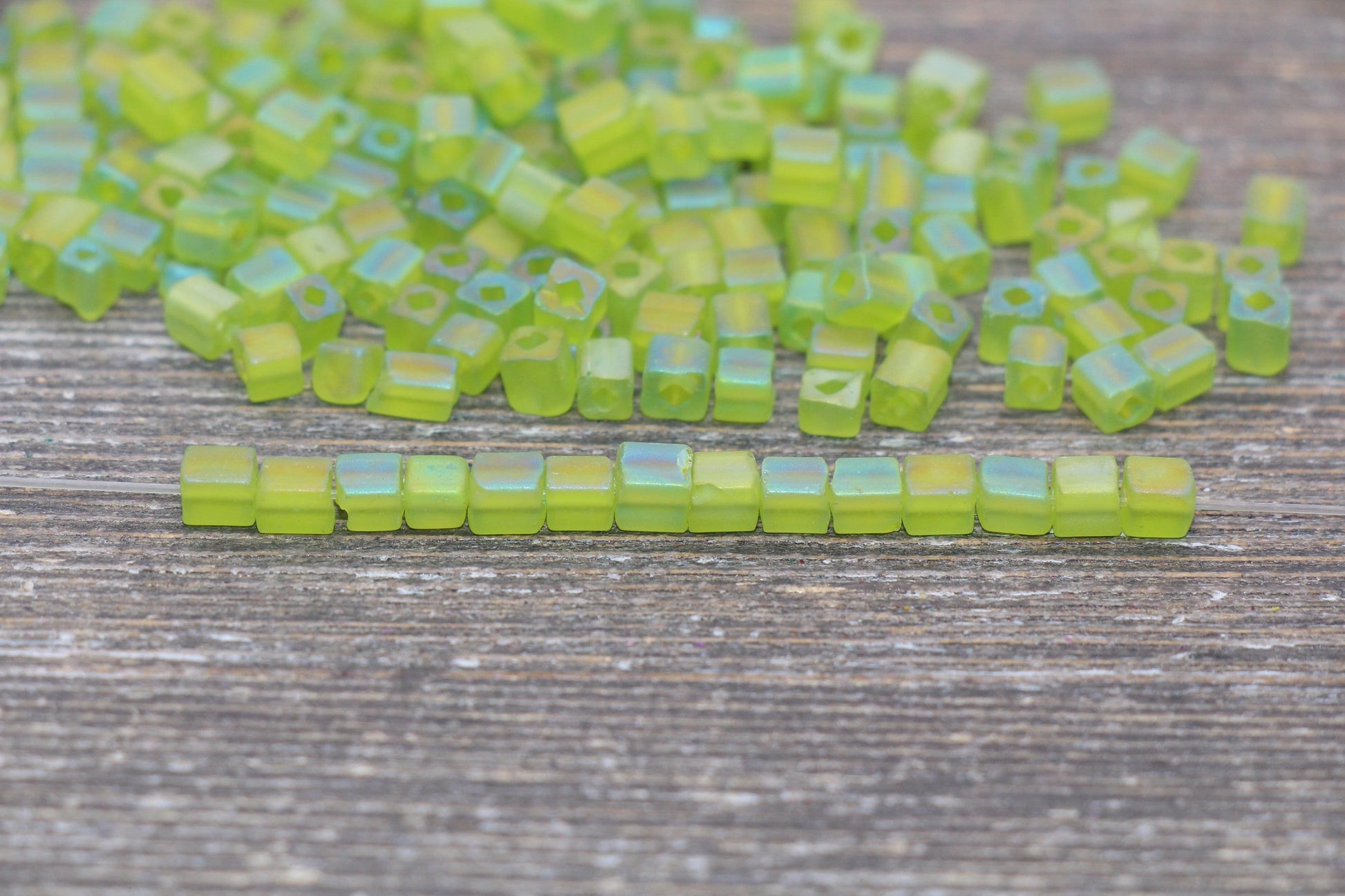 Matte Square Glass Seed Beads, 4mm Cube Glass Beads, Frosted Green AB Square Seed Beads, Iridescent Glass Beads, Beading Supplies #2104