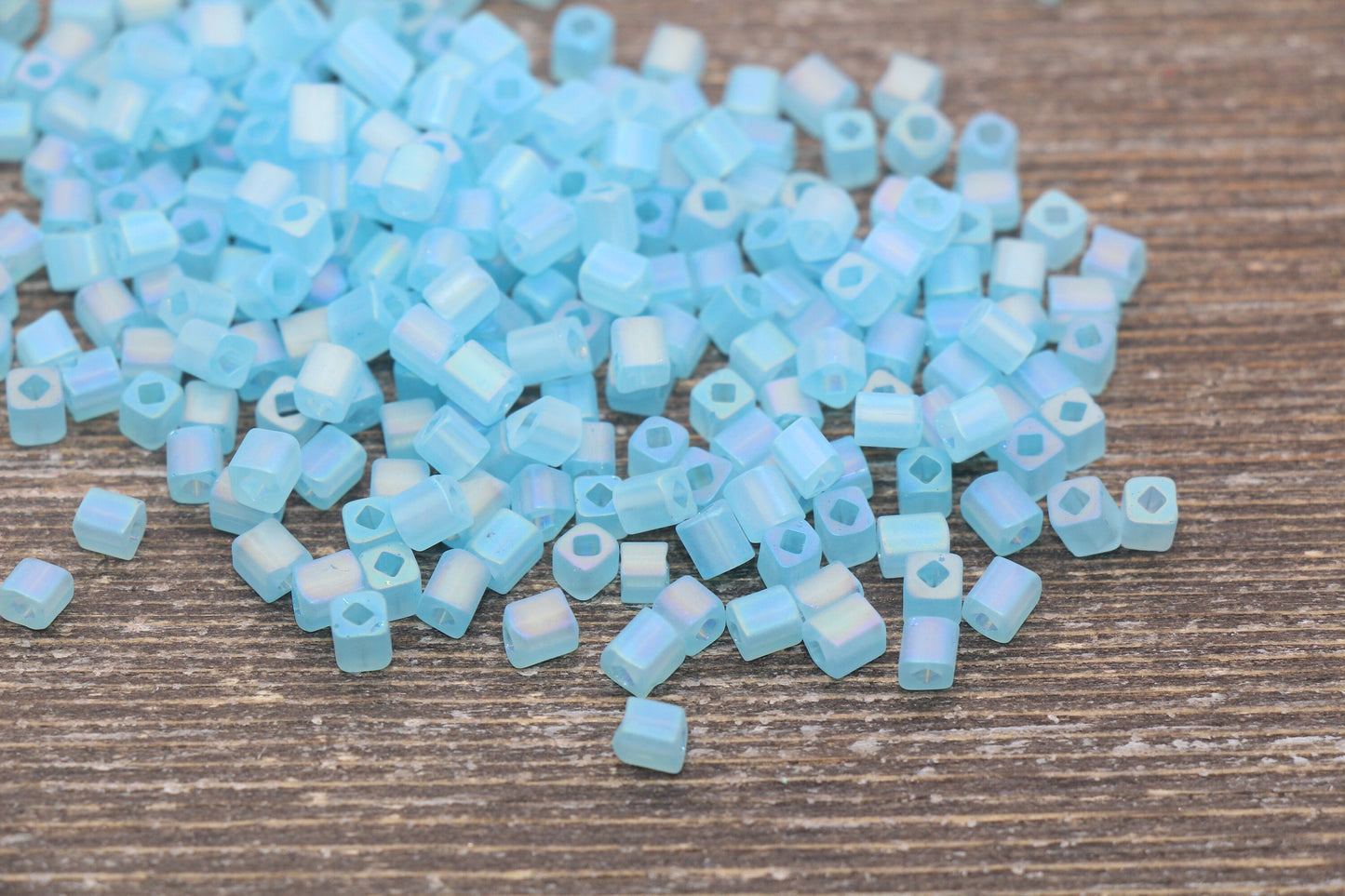 Matte Square Glass Seed Beads, 4mm Cube Glass Beads, Frosted Light Blue AB Square Seed Beads, Iridescent Glass Beads, Beading Supplies #2106