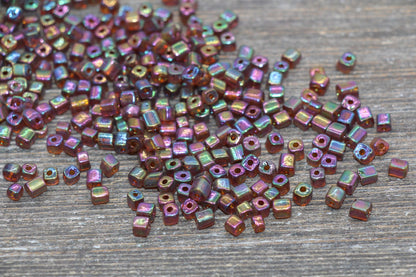 Iridescent Square Glass Beads, 4mm Cube Glass Beads, Sparkle Glass Beads, Transparent Brown AB Square Seed Beads, Beading Supplies #2115