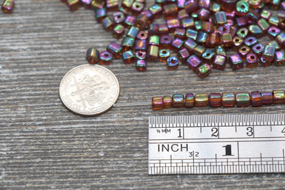 Iridescent Square Glass Beads, 4mm Cube Glass Beads, Sparkle Glass Beads, Transparent Brown AB Square Seed Beads, Beading Supplies #2115