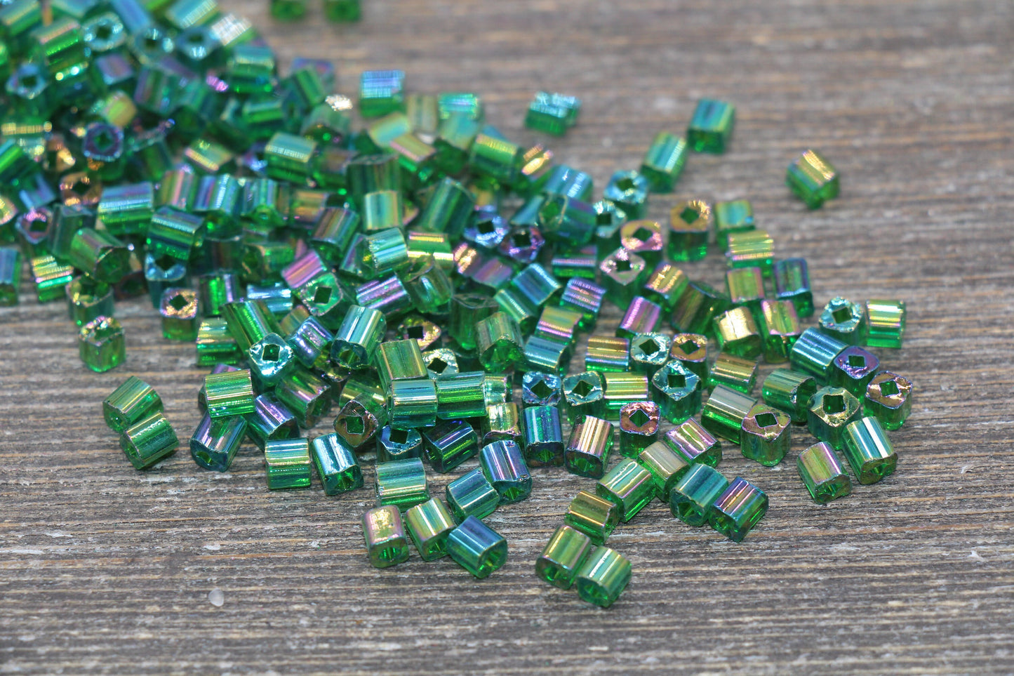 Iridescent Square Glass Beads, 4mm Cube Glass Beads, Sparkle Glass Beads, Transparent Green AB Square Seed Beads, Beading Supplies #2116