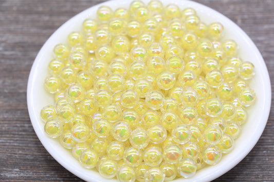 8mm Iridescent Yellow Gumball Beads, AB Yellow Round Loose Beads, Glossy Shinny Bubblegum Beads, Chunky Beads, Round Beads #1948