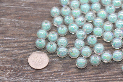 10mm Iridescent Mint Green Gumball Beads, AB Mint Round Acrylic Loose Beads, Glossy Shinny Bubblegum Beads, Chunky Beads, Round Beads #1951