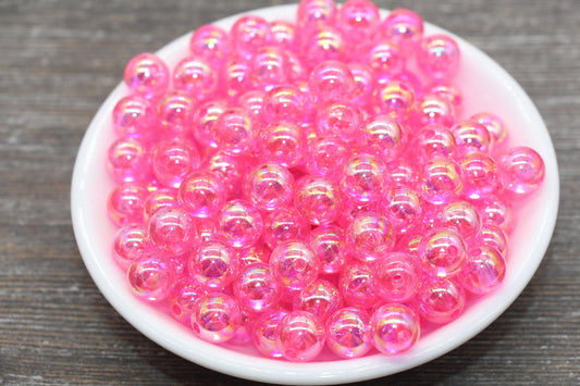 10mm Pink AB Round Beads, Iridescent Acrylic Gumball Beads, Translucent Round Spacer Beads, Bubblegum Beads, Plastic Round Bead #1966