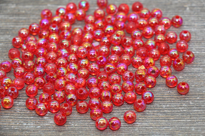 6mm Red AB Round Beads, Iridescent Acrylic Gumball Beads, Translucent Round Spacer Beads, Bubblegum Beads, Plastic Round Bead #1968