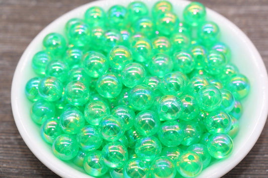 10mm Green AB Round Beads, Iridescent Green Acrylic Gumball Beads, Translucent Round Beads, Bubblegum Beads, Plastic Round Bead #1983