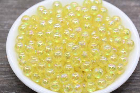 8mm Yellow AB Round Beads, Iridescent Yellow Acrylic Gumball Beads, Translucent Round Spacer Beads, Bubblegum Beads, #1985