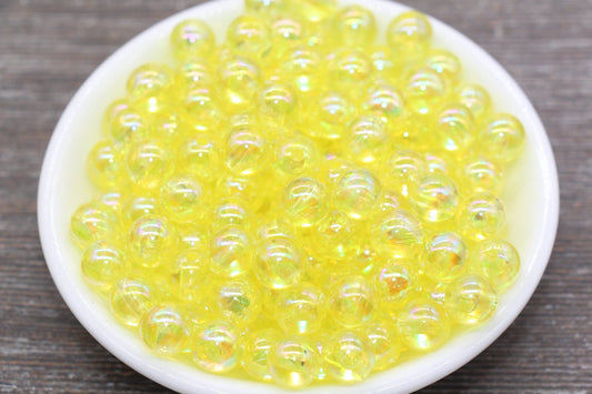 10mm Yellow AB Round Beads, Iridescent Yellow Acrylic Gumball Beads, Translucent Round Beads, Bubblegum Beads, Plastic Round Bead #1986