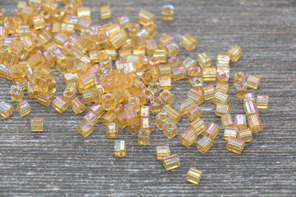 Iridescent Square Glass Beads, 4mm Cube Glass Beads, Sparkle Glass Beads, Transparent Orange AB Square Seed Beads, Beading Supplies #2119