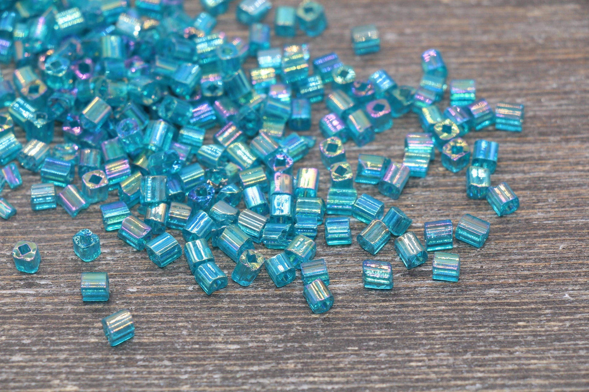 Iridescent Square Glass Beads, 4mm Cube Glass Beads, Sparkle Glass Beads, Transparent Teal AB Square Seed Beads, Beading Supplies #2121