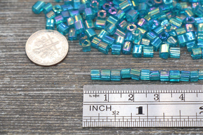 Iridescent Square Glass Beads, 4mm Cube Glass Beads, Sparkle Glass Beads, Transparent Teal AB Square Seed Beads, Beading Supplies #2121