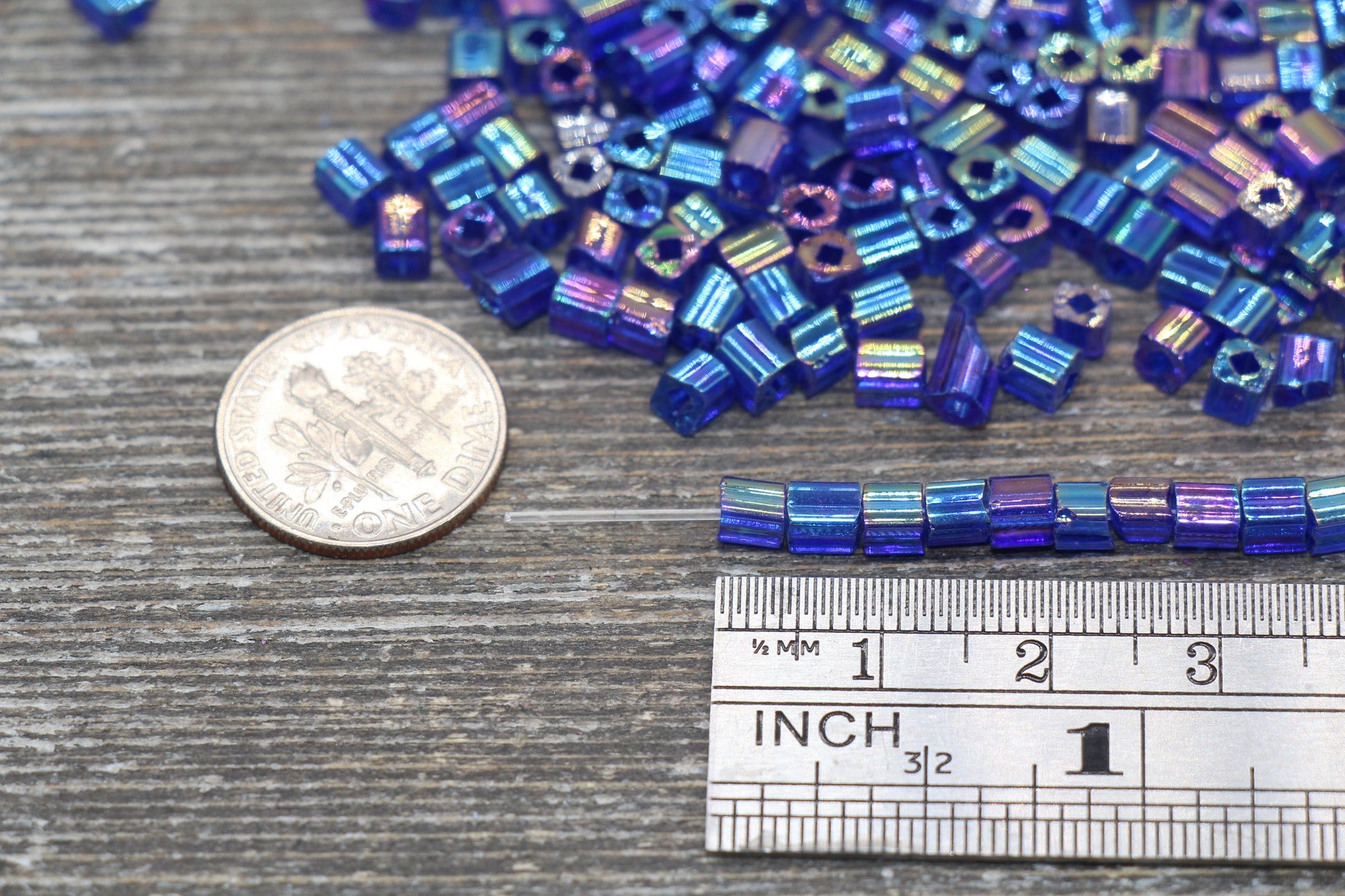 Iridescent Square Glass Beads, 4mm Cube Glass Beads, Sparkle Glass Beads, Transparent Royal Blue AB Square Beads, Beading Supplies #2122