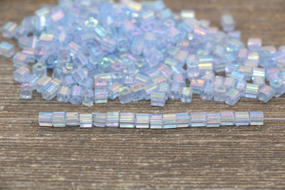 Iridescent Square Glass Beads, 4mm Cube Glass Beads, Sparkle Glass Bead, Transparent Ice Blue AB Square Seed Beads, Beading Supplies #2124