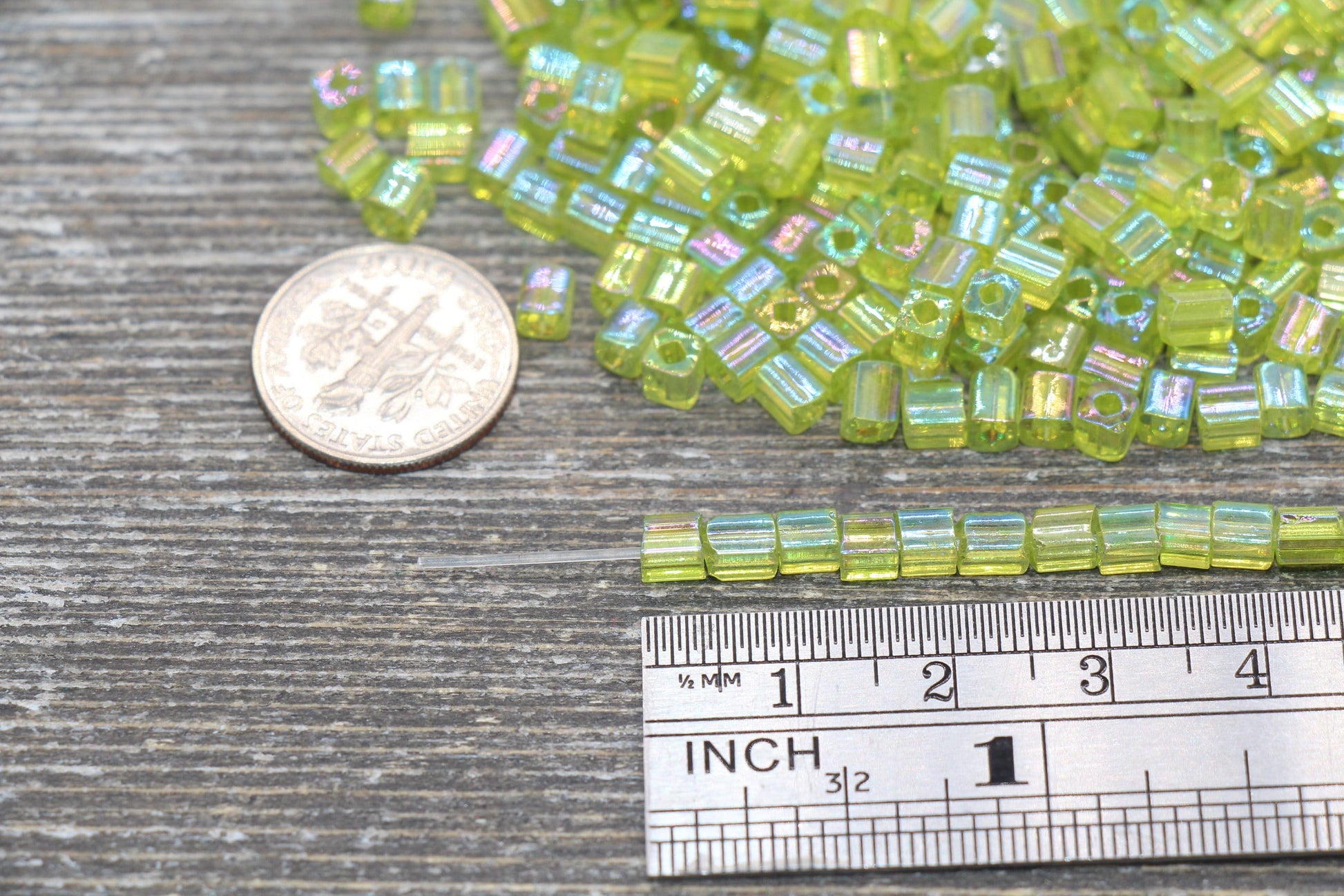 Iridescent Square Glass Beads, 4mm Cube Glass Beads, Sparkle Glass Bead, Transparent Lime Green AB Square Seed Beads, Beading Supplies #2125