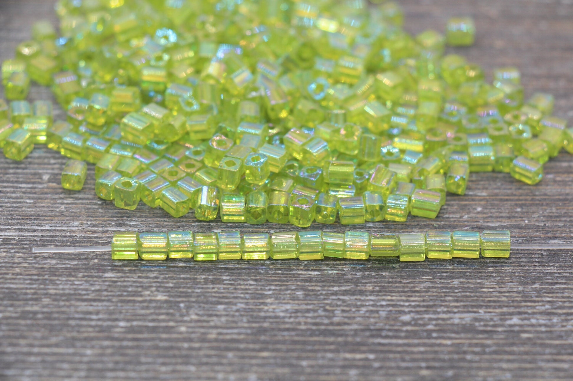 Iridescent Square Glass Beads, 4mm Cube Glass Beads, Sparkle Glass Bead, Transparent Lime Green AB Square Seed Beads, Beading Supplies #2125