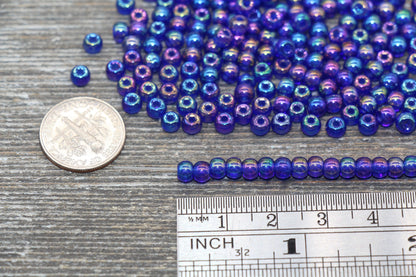 Round Transparent Iridescent Glass Beads, 4mm Glass Round Seed Beads, Royal Blue AB Trans Seed Beads, Beading Supplies #2140