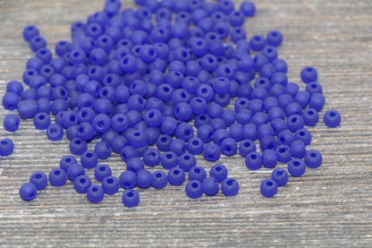 Round Matte Transparent Glass Beads, 4mm Glass Round Seed Beads, Frosted Royal BlueTrans Seed Beads, Beading Supplies #2159