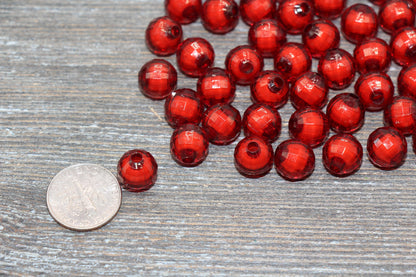 10mm Red Faceted Beads, Round Faceted Acrylic Loose Beads, Bubblegum Beads, Chunky Beads, Bracelet Gumball Beads #2010