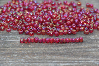 Transparent Iridescent Glass Seed Beads, 4mm 6/0 Glass Round Seed Beads, Red AB Trans Seed Beads, Rocailles Beads, Beading Supplies #1141