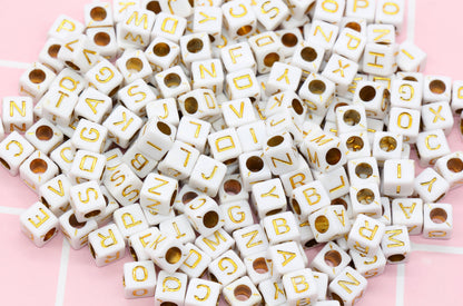 White and Gold Cube Alphabet Letter Beads, Gold Acrylic Letter Beads, Plastic Letter Beads, Acrylic Square Name Beads, Size 6mm #61