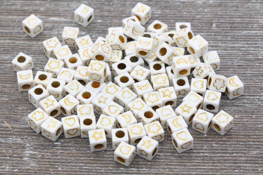 White and Gold Symbol Cube Beads, Moon Heart Flower and Star Symbols Acrylic Cube Beads, Acrylic Square Beads, Size 6mm #1068