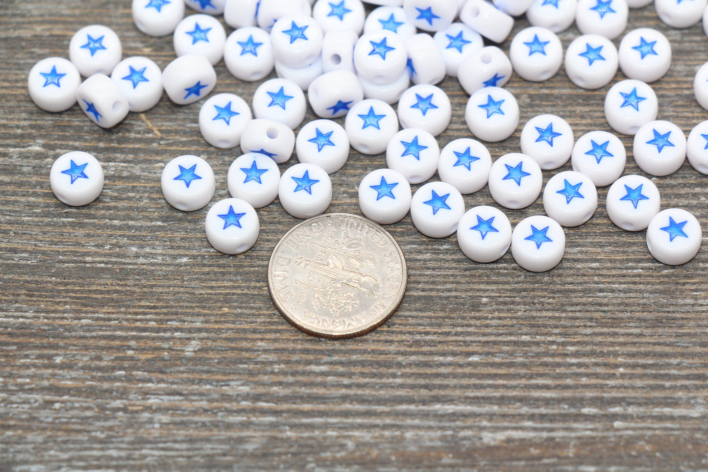 Blue Star Beads, Acrylic Blue Star Beads, White Beads with Blue Stars, Acrylic Symbol Beads, Size 7mm #300