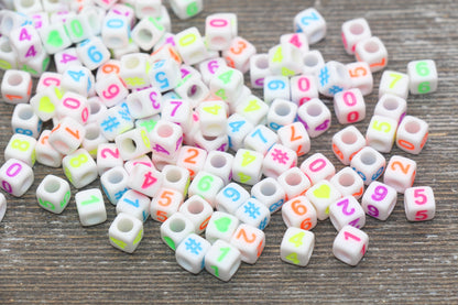 Multicolor Number Beads, Assorted Number Beads, Mix Color Cube Square Number Beads, Heart, Hashtag #, Size 6mm #2039