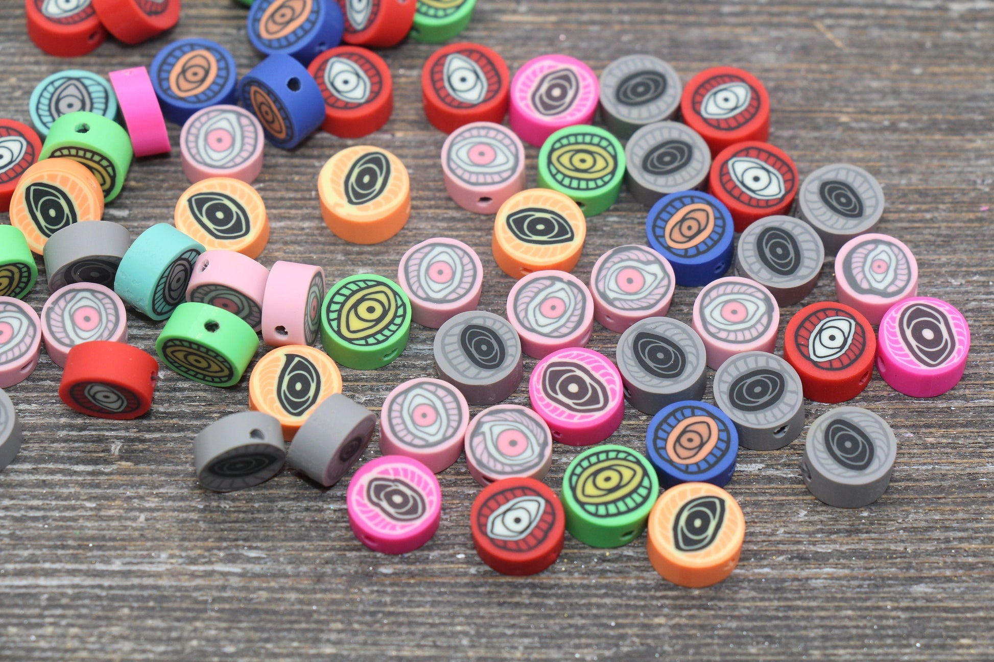 Evil Eye Polymer Clay Beads, Multicolored Evil Eye Fimo Cane Beads, Assorted Evil Eye Beads, Rainbow Evil Eye Slice Beads #66