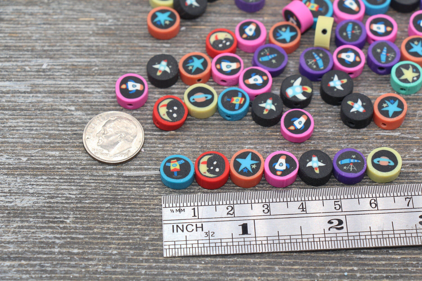 Outer Space Polymer Clay Beads, Space Universe Fimo Cane Beads, Rocket Clay Beads, Planet Beads, Spaceship Beads #67