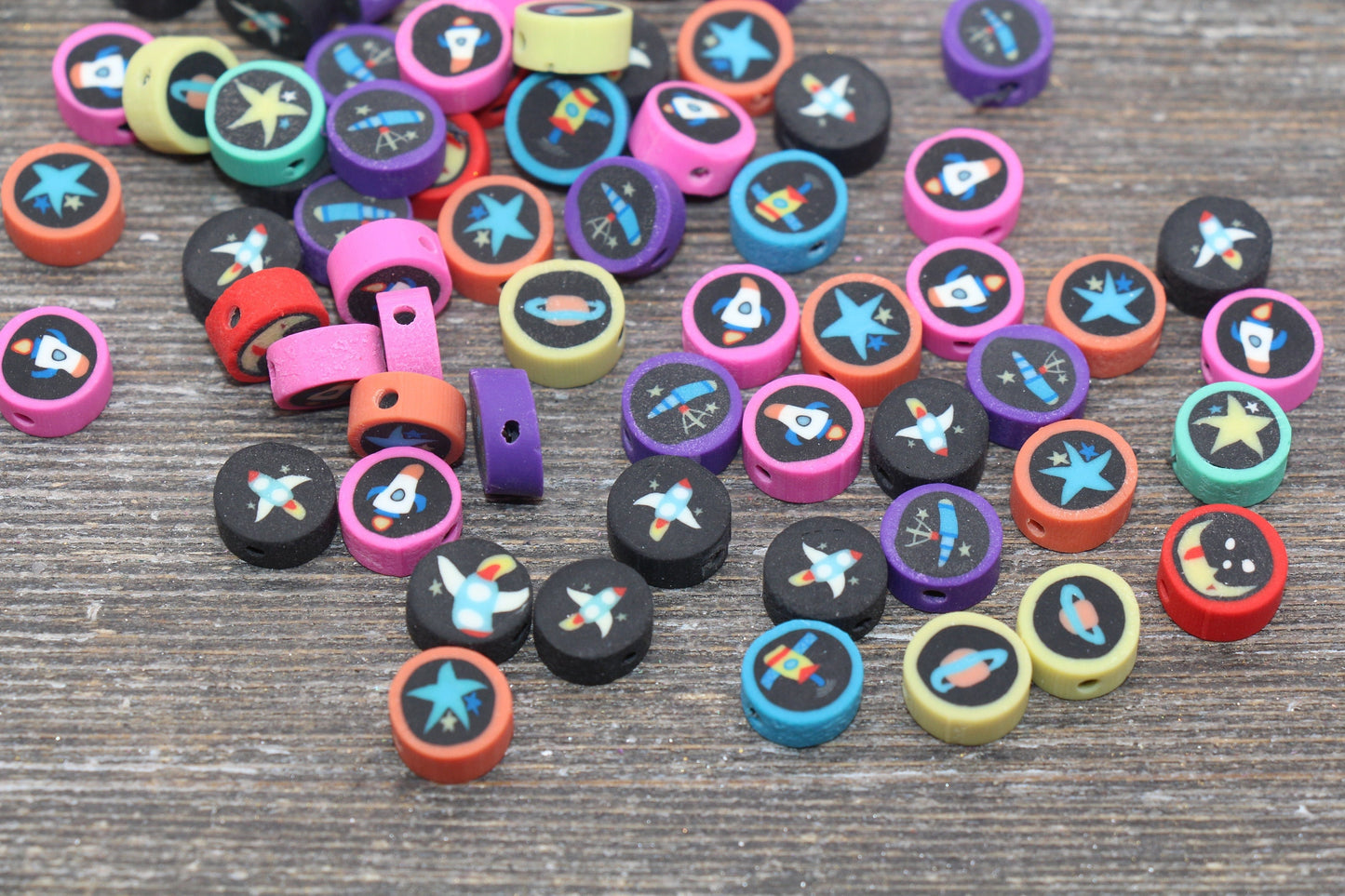 Outer Space Polymer Clay Beads, Space Universe Fimo Cane Beads, Rocket Clay Beads, Planet Beads, Spaceship Beads #67