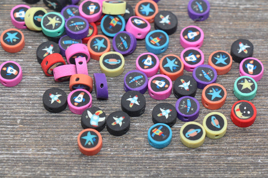 Outer Space Polymer Clay Beads, Space Universe Fimo Cane Beads, Rocket Clay Beads, Planet Beads, Spaceship Beads #67