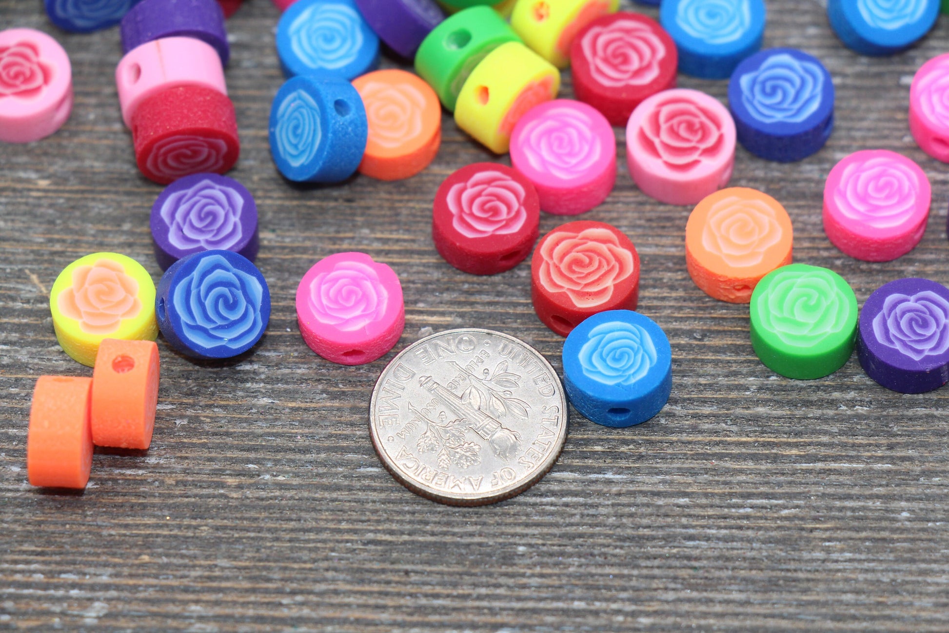 Flower Polymer Clay Beads, Rose Flower Cane Beads, Assorted Flower Beads, Rainbow Flower Slice Beads #60