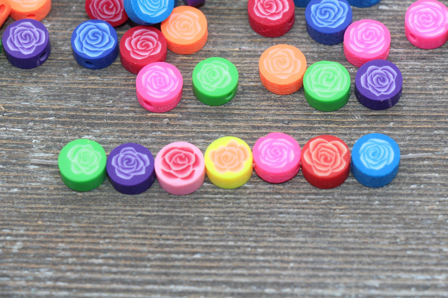 Flower Polymer Clay Beads, Rose Flower Cane Beads, Assorted Flower Beads, Rainbow Flower Slice Beads #60