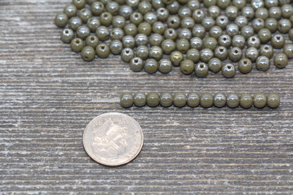 Round Olive Green Glossy Glass Beads, 4mm Glass Round Seed Beads, Glossy Olive Green Opaque Seed Beads, Beading Supplies #2183