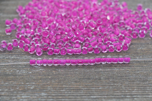 Transparent Glass Beads with Fuchsia Lined, 4mm 6/0 Glass Round Beads, Pink Lined Seed Beads, Rocailles Beads, Beading Supplies #2093