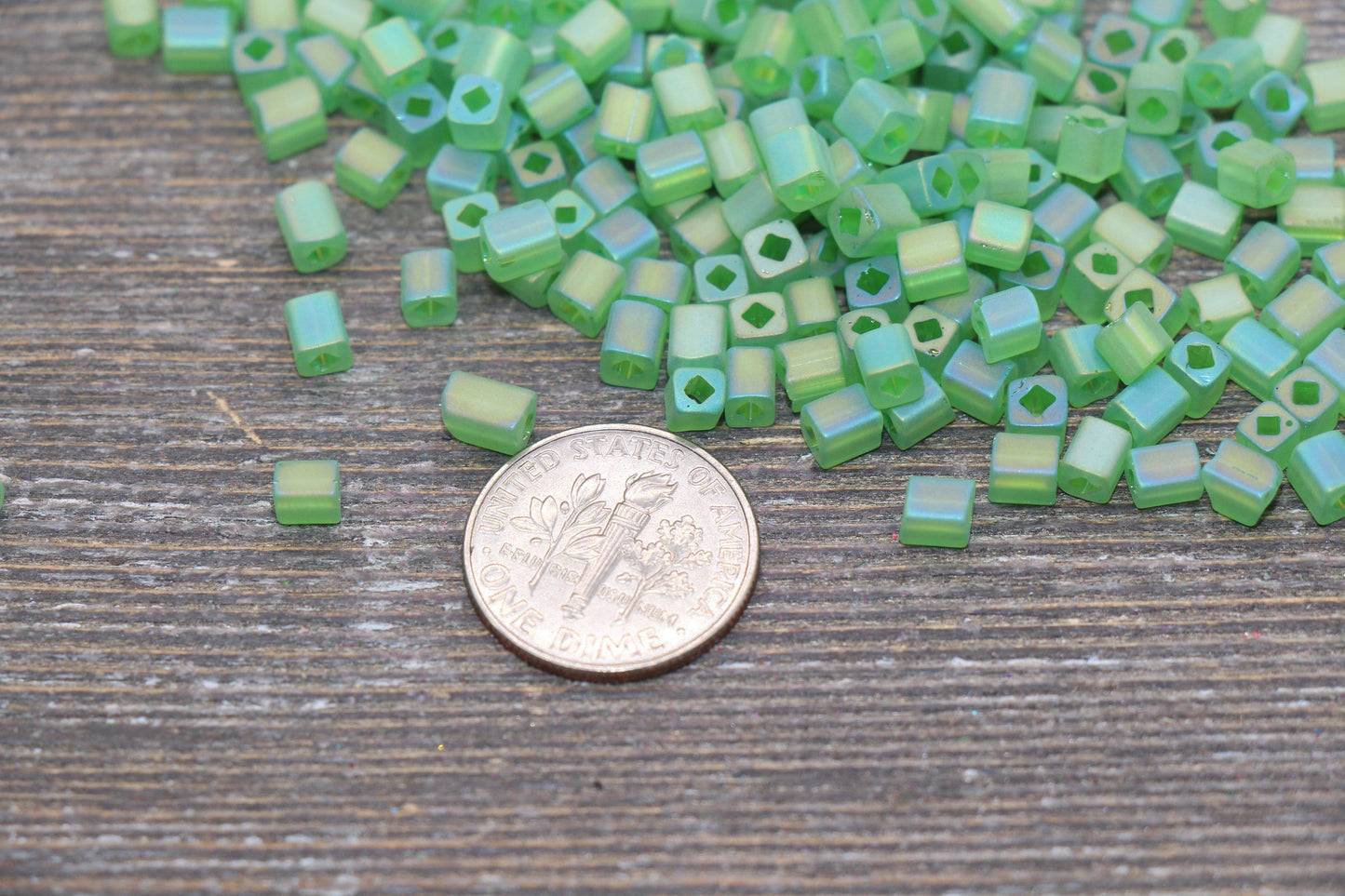 Matte Square Glass Seed Beads, 4mm Cube Glass Beads, Frosted Green AB Square Seed Beads, Iridescent Glass Beads, Beading Supplies #2097