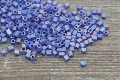 Matte Square Glass Seed Beads, 4mm Cube Glass Beads, Frosted Blue AB Square Seed Beads, Iridescent Glass Beads, Beading Supplies #2100