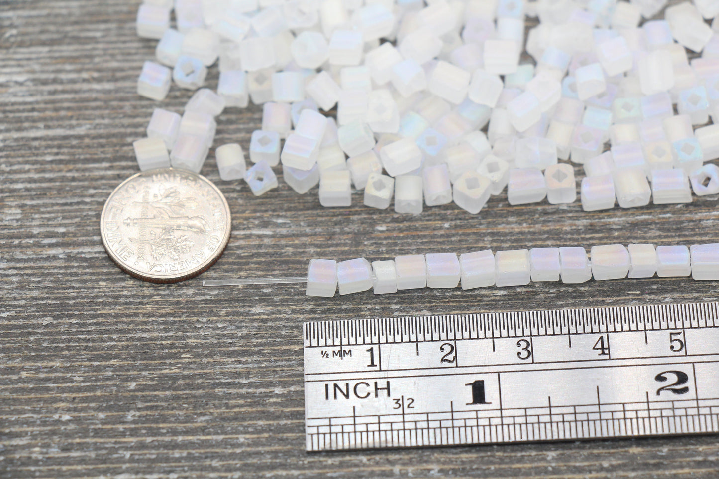 Matte Square Glass Seed Beads, 4mm Cube Glass Beads, Frosted White AB Square Seed Beads, Iridescent Glass Beads, Beading Supplies #2101