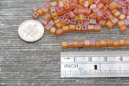 Matte Square Glass Seed Beads, 4mm Cube Glass Beads, Frosted Orange AB Square Seed Beads, Iridescent Glass Beads, Beading Supplies #2102