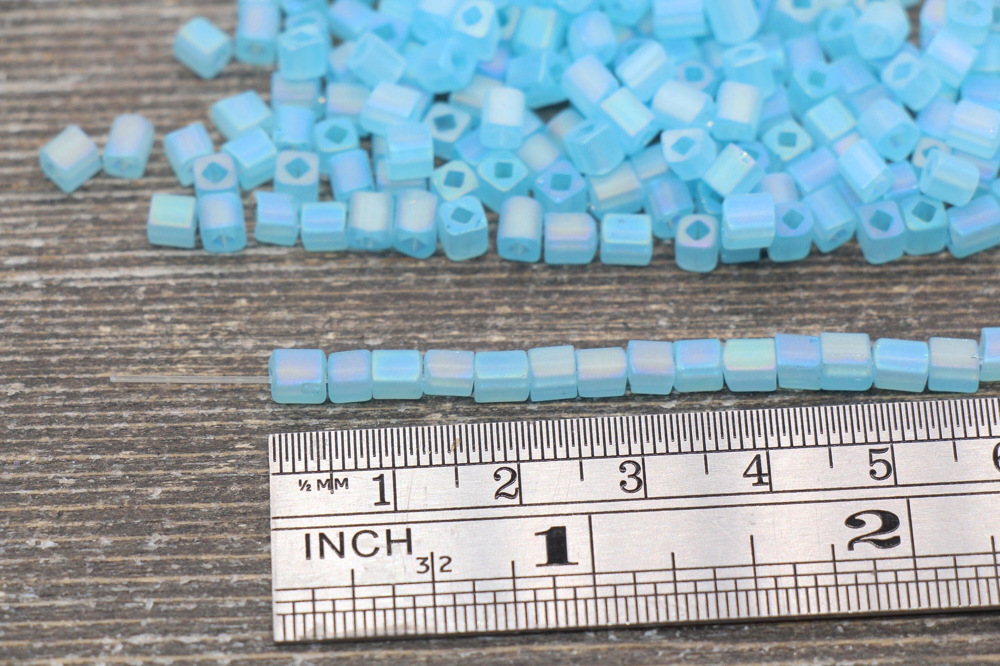 Matte Square Glass Seed Beads, 4mm Cube Glass Beads, Frosted Light Blue AB Square Seed Beads, Iridescent Glass Beads, Beading Supplies #2106