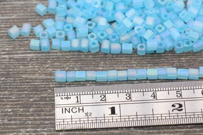 Matte Square Glass Seed Beads, 4mm Cube Glass Beads, Frosted Light Blue AB Square Seed Beads, Iridescent Glass Beads, Beading Supplies #2106